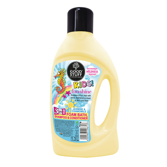 1.3lt Funshine 3in1 family-friendly & skin-loving Foam Bath. With Jasmine & Chamomile, leaves hair shining and smelling great.