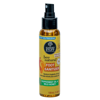 Bottle of Good Stuff bee natural foot sanitizer on a white background