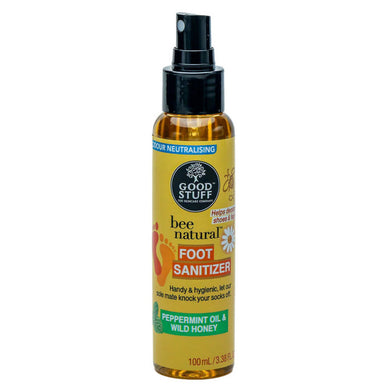 Bottle of Good Stuff bee natural foot sanitizer on a white background