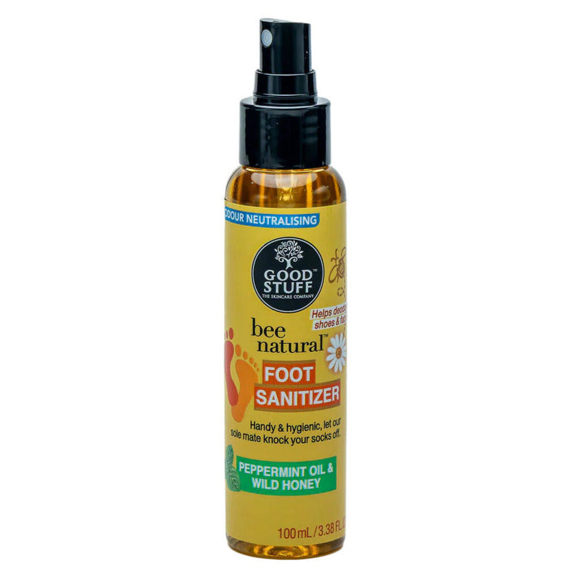 Bottle of Good Stuff bee natural foot sanitizer on a white background