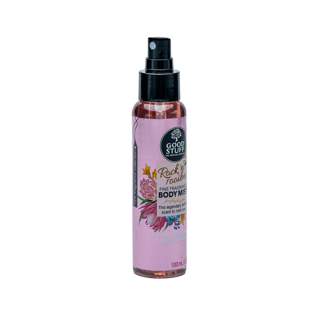 Body mist bottle with pink label on a white background