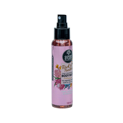 Body mist bottle with pink label on a white background
