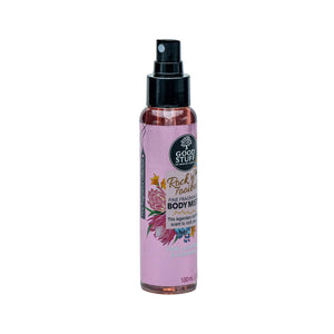 Body mist bottle with pink label on a white background