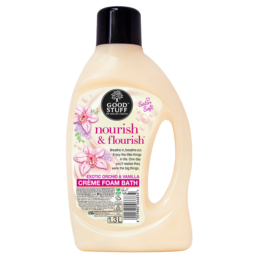 1.3lt Nourish & Flourish Foam Bath. A nourishing foam bath infused with the comforting notes of Warm Vanilla & Exotic Orchid.