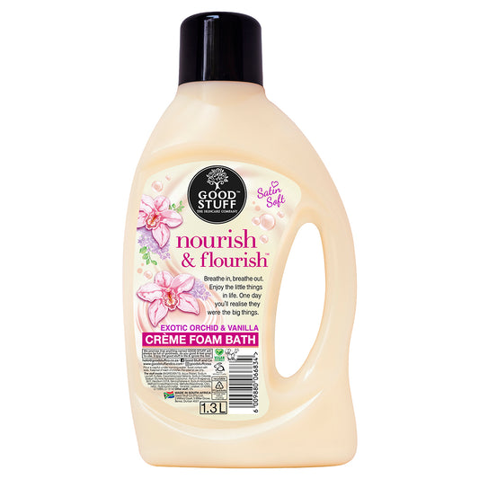 1.3lt Nourish & Flourish Foam Bath. A nourishing foam bath infused with the comforting notes of Warm Vanilla & Exotic Orchid.